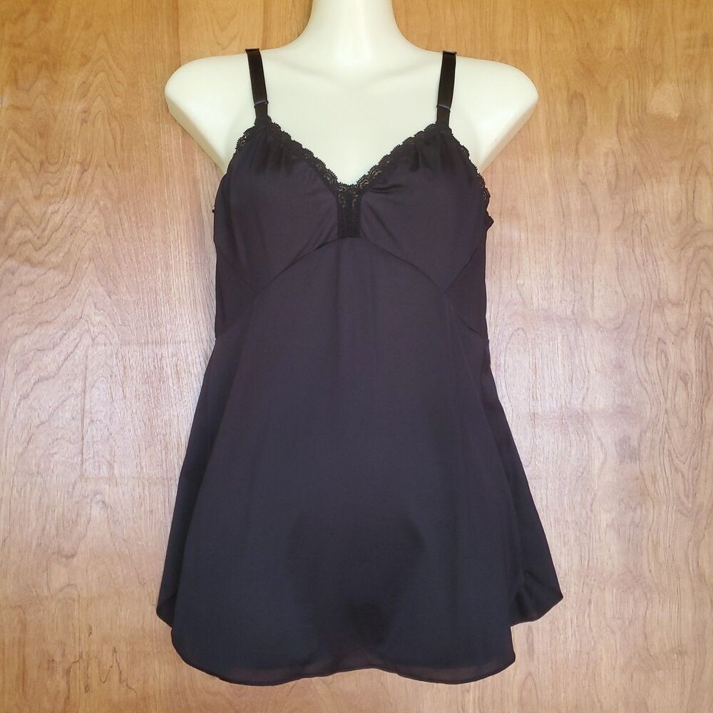 Shadowline Camisole Size 34 Black Nylon Lace Trim Babydoll Cami Made in USA